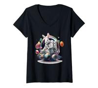 Womens Cute Easter Bunny Astronaut in Space Egg Planets V-Neck T-Shirt