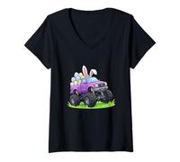 Women's Cute Easter Bunny Driving Monster Truck Colorful Eggs Spring V-Neck T-Shirt