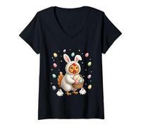 Women's Cute Easter Bunny Rabbit with Eggs Whimsical Chicken Design V-Neck T-Shirt