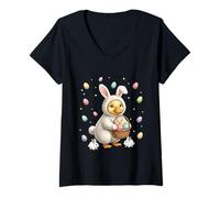 Women's Cute Easter Bunny Rabbit with Eggs Whimsical Duck Design V-Neck T-Shirt