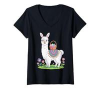 Women's Cute Easter Llama with Bunny Ears and Egg Basket V-Neck T-Shirt
