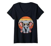Womens Cute Elephant Baby with Sunglasses Retro V-Neck T-Shirt