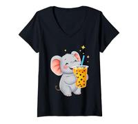 Women's Cute Elephant Enjoying Boba Bubble Tea Drink V-Neck T-Shirt