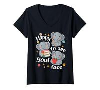 Women's Cute Elephant Students Back to School Happy to See Your Face V-Neck T-Shirt