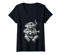 Womens Cute Elephant with Sunglasses Guitar Player Funny Guitarist V-Neck T-Shirt