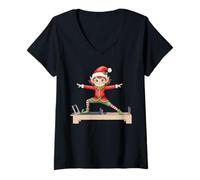 Womens Cute Elf Doing Reformer Pilates Machine Christmas Pilates V-Neck T-Shirt