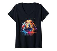 Womens Cute English Lop Rabbit Lover Colorful Splash Art V-Neck T-Shirt