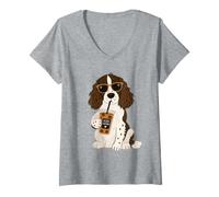 Women's Cute English Springer Spaniel Drinking Iced Coffee V-Neck T-Shirt