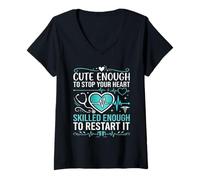 Women's Cute Enough to Stop Your Heart Skilled Enough to Restart It V-Neck T-Shirt