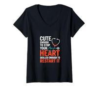 Women's Cute Enough to Stop Your Heart Skilled Enough to Restart It V-Neck T-Shirt