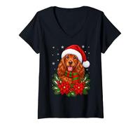 Women's Cute Festive Flowers Santa Hat Irish Setter Dog Christmas V-Neck T-Shirt