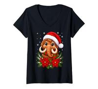 Women's Cute Festive Flowers Santa Hat Woolly Mammoth Christmas V-Neck T-Shirt
