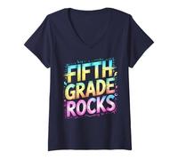 Women's Cute Fifth Grade Rocks Last Day Music Teacher Tiny Humans V-Neck T-Shirt