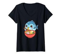 Women's Cute Fish Eating Ramen Kawaii Food Lover Art V-Neck T-Shirt