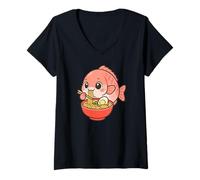 Women's Cute Fish Eating Ramen Kawaii Food Lover Art V-Neck T-Shirt