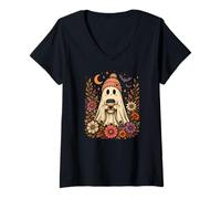 Women's Cute Floral Ghost Cottagecore Halloween Aesthetic V-Neck T-Shirt