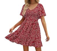 Womens Cute Floral Smocked V Neck Flutter Sleeve Sundress with Pockets Casual Spring Summer Dresses for Women 2025 Fashion Casual Short Sleeve Beach Dresses Elegant A-Line Wedding Guest Dress