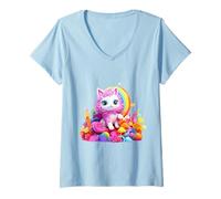 Women's Cute Fluffy Pink Cat Rainbow Whimsical Kitten Art V-Neck T-Shirt