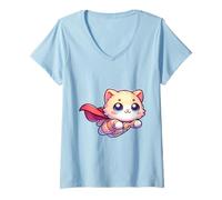 Women's Cute Fluffy Super Hero Kitten Superhero Cat V-Neck T-Shirt