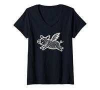 Women's Cute Flying Pig Wings Kids Doodle Scribble V-Neck T-Shirt