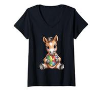 Women's Cute Foal Autism Awareness Puzzle Heart Support V-Neck T-Shirt