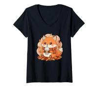 Womens Cute Fox Autumn Leaves Hot Drink Fall V-Neck T-Shirt