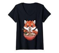 Womens Cute Fox Eating Ramen Japanese Kawaii Animal Noodles V-Neck T-Shirt