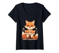 Women's Cute Fox Family Forest Animal Illustration V-Neck T-Shirt