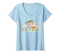 Womens Cute Fox in Raincoat with Umbrella On Rainy Afternoon V-Neck T-Shirt