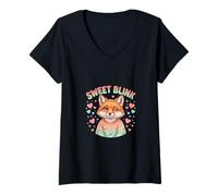 Women's Cute Fox Love Cartoon Animal Character V-Neck T-Shirt