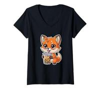 Women's Cute Fox Loves Bubble Tea Boba Kawaii Anime V-Neck T-Shirt