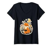 Women's Cute Fox Moon Wildflower Stars Whimsical Forest Art V-Neck T-Shirt