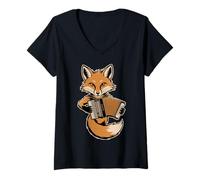 Women's Cute Fox Playing Accordion Folk Music Lover V-Neck T-Shirt