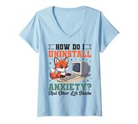Women's Cute Fox Uninstall Anxiety Retro Computer How Do I V-Neck T-Shirt