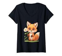 Women's Cute Fox with Daisy Illustration V-Neck T-Shirt