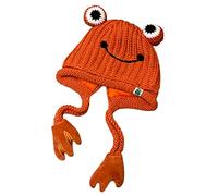 Women's Cute Frog Hat Crochet Knitted Winter Ear Protective Beanie Hat Big Eye Outdoors Autumn Cap, Orange, M