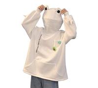 Women's Cute Frog Hoodie, Winter Warm Thick Loose Oversized Sweatshirt, Animal Shape, Hood, Top, Sweatshirt, Teenager Street Style, White, S