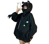 Women's Cute Frog Hoodie, Winter Warm Thick Loose Oversized Sweatshirt, Animal Shape, Hood, Top, Sweatshirt, Teenager Street Style, black, XL