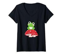 Womens Cute Frog Resting on Red Mushroom Nature Lover V-Neck T-Shirt