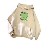 Women's Cute Frog Sweatshirt Kawaii Hoodie for Teen Girls Aesthetic Preppy Clothes Feminino Hoodies Khaki