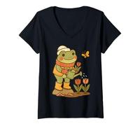 Womens Cute Frog Watering Flowers Cozy Spring Garden Art V-Neck T-Shirt