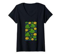 Womens Cute Frogs Sitting Happily on Green Lily Pads Artwork V-Neck T-Shirt