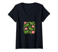 Womens Cute Frogs Sitting Happily on Green Lily Pads Artwork V-Neck T-Shirt