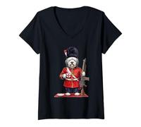 Women's Cute Funny Bobtail Dog London King's Guard England Flag V-Neck T-Shirt