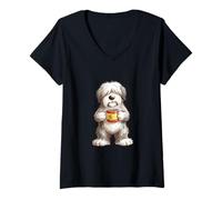 Women's Cute Funny Bobtail Puppy Dog Cup Coffee Spain Flag V-Neck T-Shirt