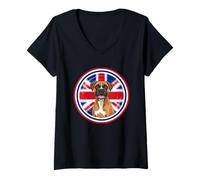 Women's Cute Funny Boxer Dog Puppy England UK Flag V-Neck T-Shirt