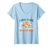 Women's Cute Funny Cat Lovers Plans with My Bed V-Neck T-Shirt
