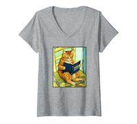 Women's Cute Funny Ginger Tabby Cat Reading Human Manipulation Book V-Neck T-Shirt