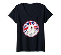 Women's Cute Funny Samoyed Dog UK England Flag Great Britain V-Neck T-Shirt