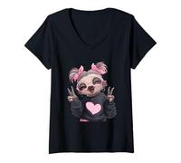 Women's Cute Funny Sloth Peace Sign Retro Animal Graphic Playful V-Neck T-Shirt